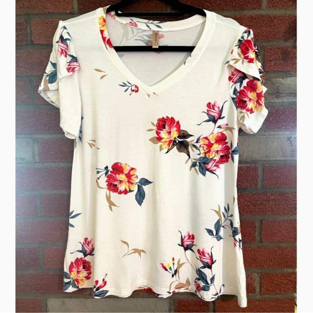 Womens Tee Shirt by Amethyst, Size L, Tighter Fit, Embellished Sleeves & Floral